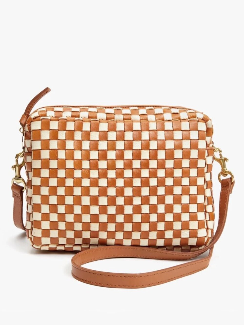 Clare V "Midi Sac" in Natural & Cream Woven Checker Leather
